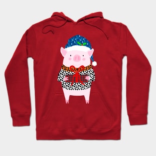 Christmas Pig Holiday Cute Piglet with Gift wearing Blue Santa Hat and Leopard Print Hoodie